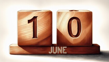 Illustration of wooden blocks with date 10 June. Day and month, simple calendar