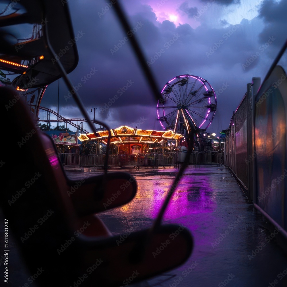 Aufkleber moody and atmospheric shot of an amusement park at night, featuring a generic wheel, carousel, and s