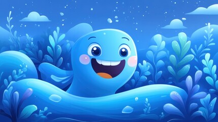 Obraz premium Joyful Blue Creature in a Submerged Garden