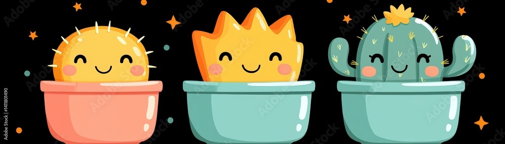Poster cute and colorful cartoon cacti in pots with smiling faces and playful expressions