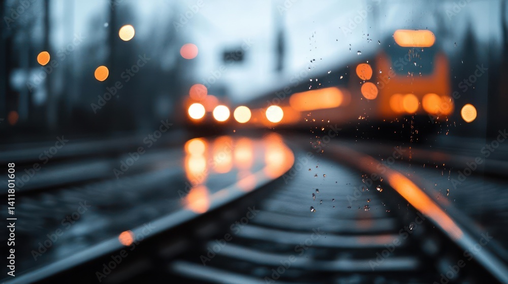 Poster blurred train view on a rainy day with water droplets on the foreground, train lights are reflecting