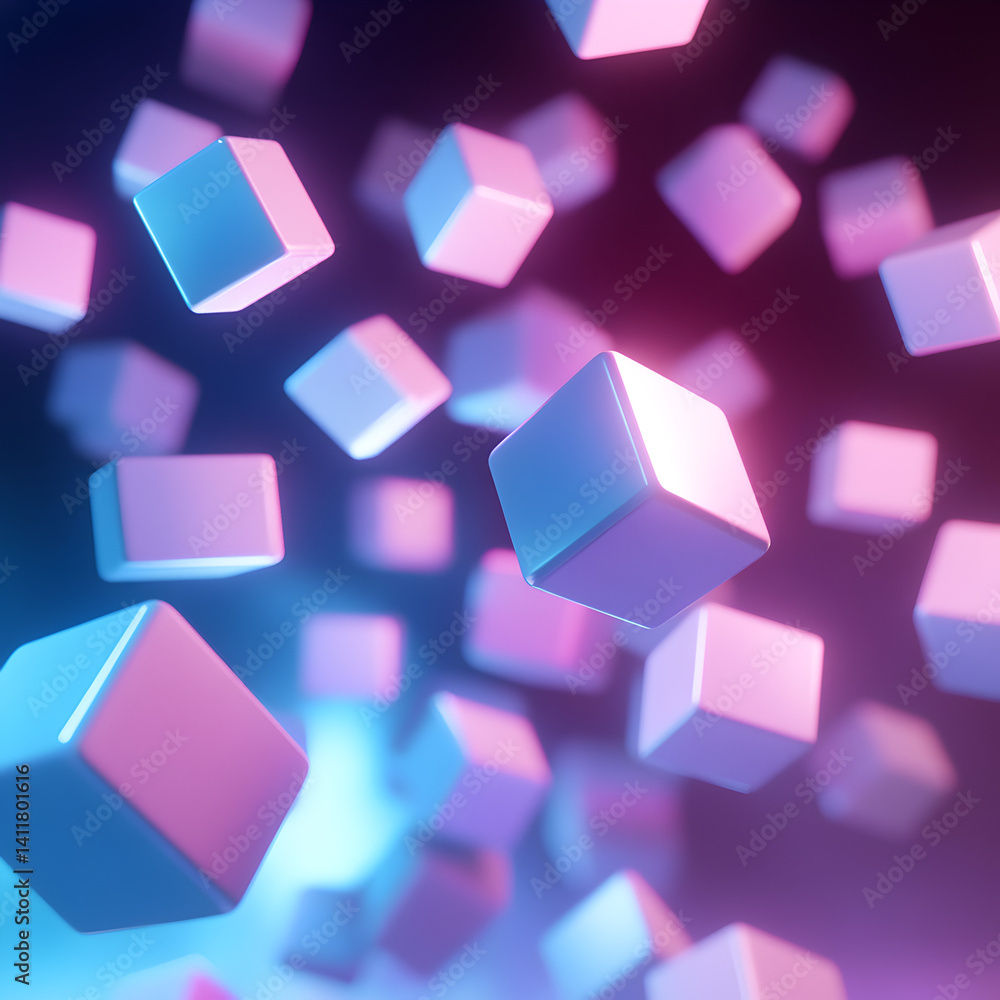 Poster neon cubes: a captivating collection of floating cubes illuminated by vibrant neon colors, blending 