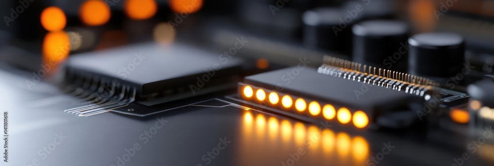 Poster A close up shot showing details of a dark circuit board with electronic components, transistors and glowing orange lights. The focus is sharp on the central elements with a blurred background