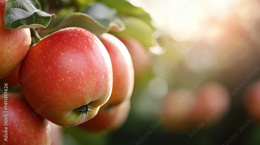 Aufkleber close up shot of several red apples on a tree branch with green leaves, the light source is on the b