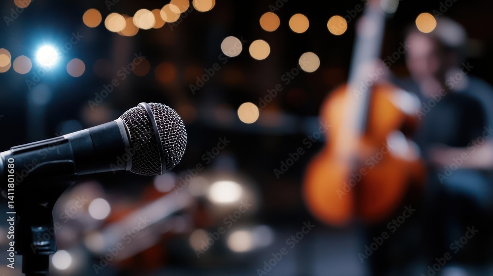 Poster close-up shot of a black microphone standing prominently in focus, with a musician and instrument bl