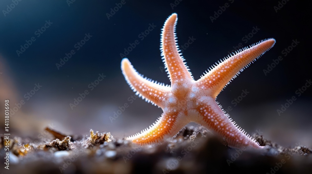 Poster an orange starfish with white accents rests on a dark sandy surface under diffused lighting, showcas