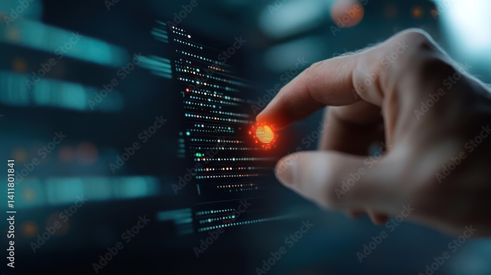 Poster A close-up shot showcases a hand interacting with a digital interface, featuring code and glowing elements in teal and orange. The focus is sharp on the fingertip making contact, while the background