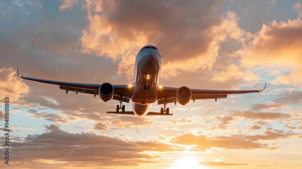 Aufkleber front view of an airplane taking off against a cloudy sky. the airplane is silhouetted against the s