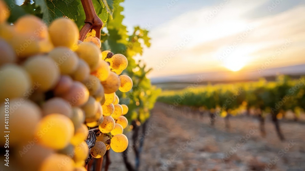 Poster close up shot of ripe white grapes hanging from vines in vineyard, long row of vineyards and setting