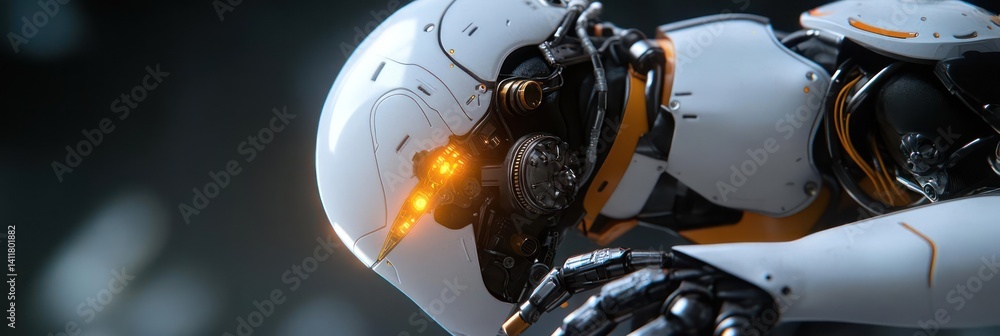 Poster close-up of a futuristic android with a white and orange exterior, showcasing intricate mechanical d