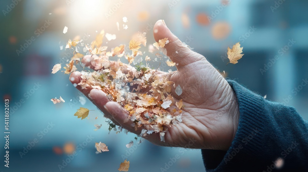 Aufkleber close up of a hand scattering brown and yellow leaves against a blurred background. the leaves are s