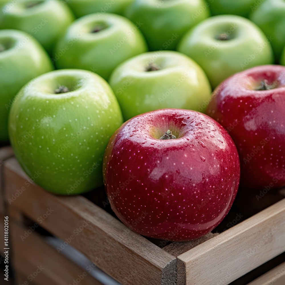 Aufkleber close-up shot displays a red apple centered with green apples behind, highlighted by a bright, even 