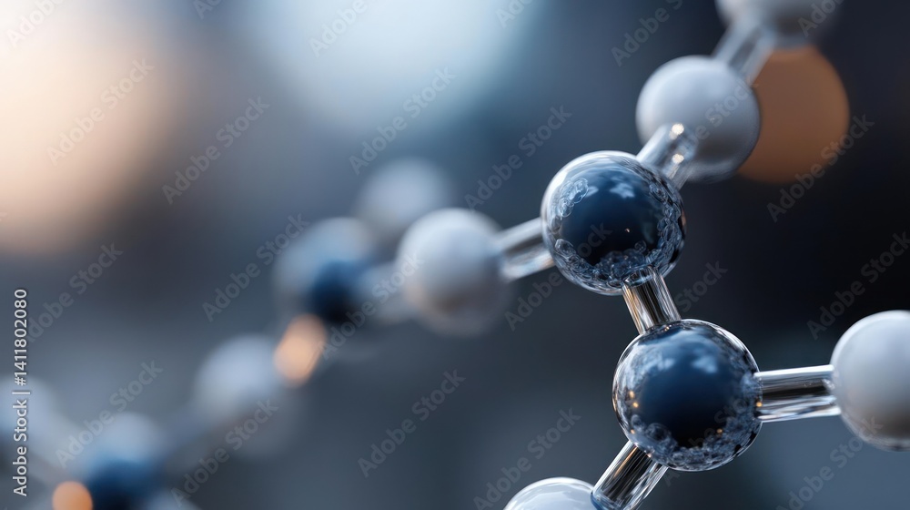 Poster Macro shot featuring a molecular structure with interconnected white and blue spheres joined by transparent rods, set against a soft-focus backdrop of cool gray and warm yellow hues, enhancing its