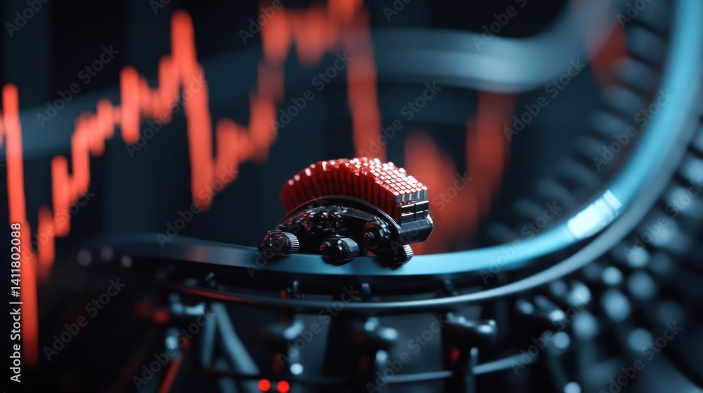 Aufkleber A miniature train car sits on a gray, tubular track, with a blurred red financial graph in the background. The train car is black with red rectangular blocks on top. A conceptual image showing the