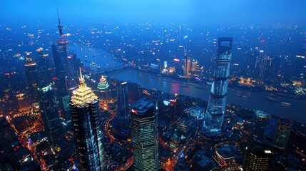 Fototapeta premium Shanghai Skyline Night View: A Breathtaking Panorama of Modern Architecture