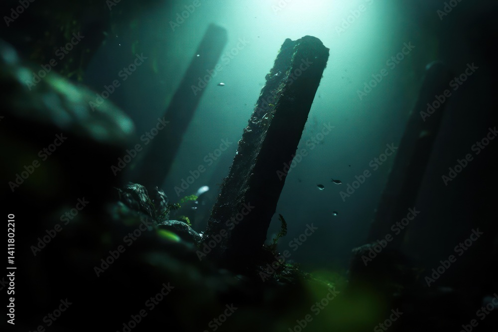Poster an underwater scene with textured, dark monoliths bathed in diffused light, highlighting the serene 