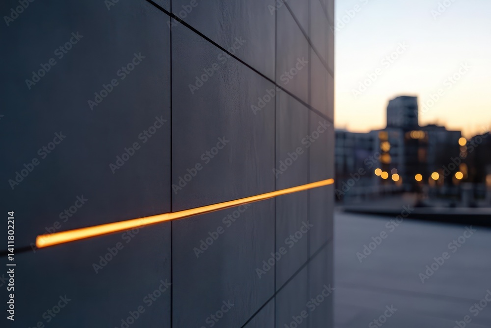 Poster Close-up of a gray tiled wall with a horizontal line of orange light. The background is blurred, showing a street and buildings at dusk