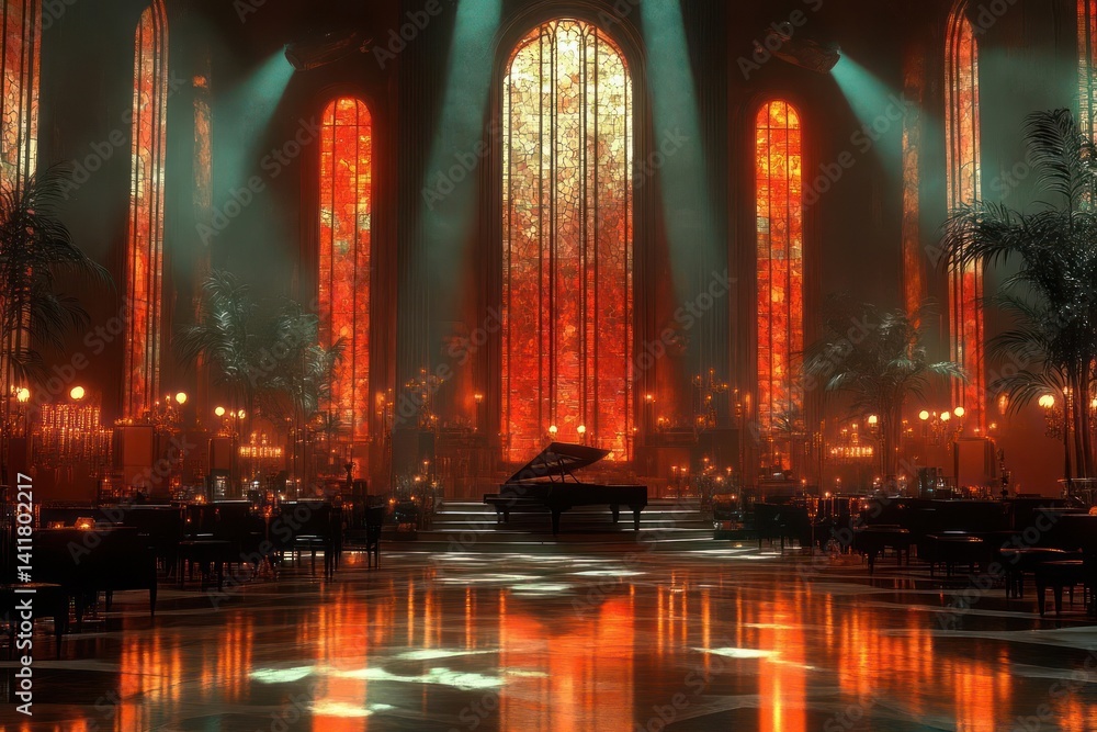 Poster Grand hall interior with tall stained glass windows casting a warm orange glow. Rows of chairs and a piano sit on a reflective floor amidst greenery and soft lighting creating a serene and opulent