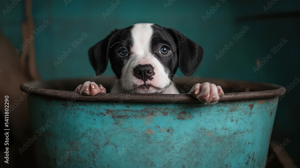 Poster a charming close-up captures a black and white puppy nestled inside a distressed teal metal bucket, 