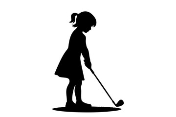 Fototapeta premium Girl Silhouette Playing Golf at Sunset. Clipart image isolated on background.
