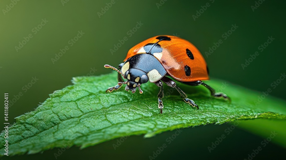 Poster a vividly detailed macro photograph captures a ladybug perched on a green leaf. the ladybug features