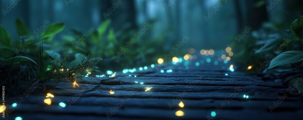 Poster close-up shot of a dark forest path illuminated with blue and yellow lights, surrounded by green fol