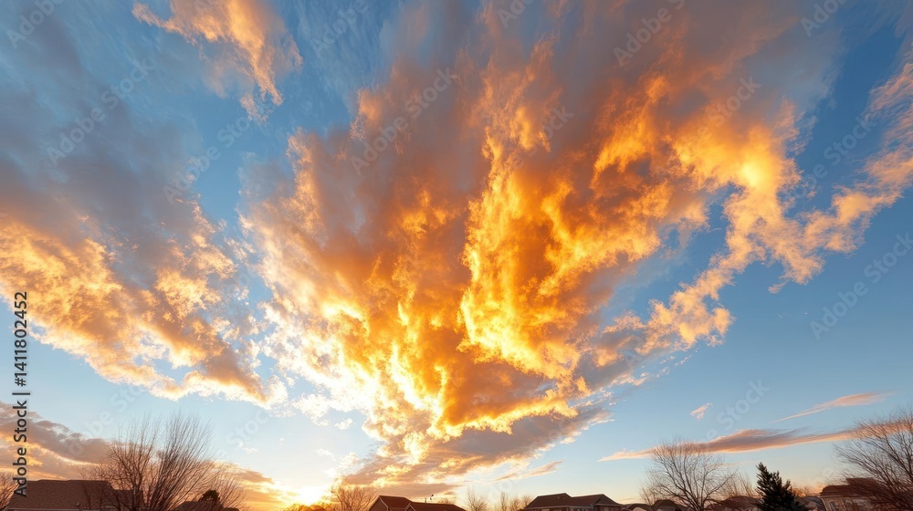 Fototapete a vivid skyscape features a fiery orange cloud formation set against a gradient of blue. silhouetted