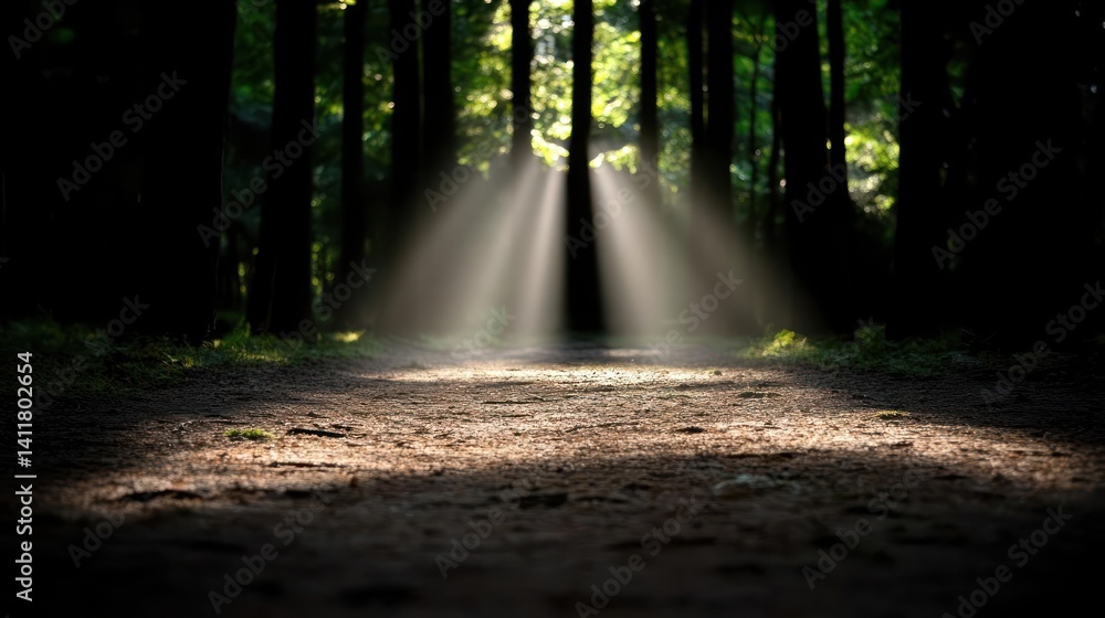 Aufkleber Sunlight streams through a dense forest onto a path. The light creates a dramatic effect against the dark trees, illuminating the ground. The image captures a sense of serenity and natural beauty