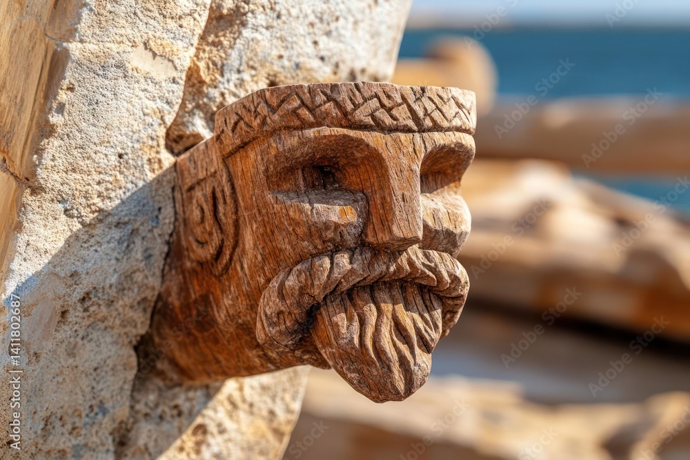 Poster close up shot of a weathered stone head with an intricate beard and mustache attached to an aged sto