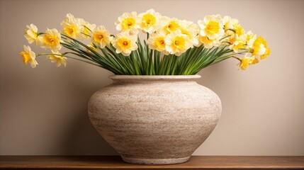 Vibrant Yellow Daffodils in Decorative Clay Pot on Wooden Shelf with Neutral Background