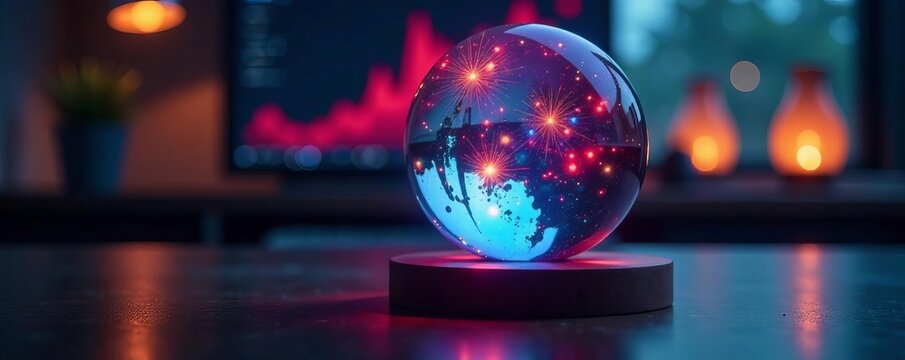 Crystal ball with glowing stock graphs on desk, plan, finance