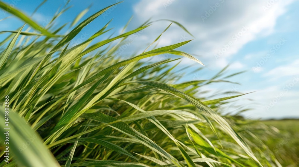 Aufkleber close up shot of vibrant green blades of grass reaching towards a blue sky dotted with white clouds.