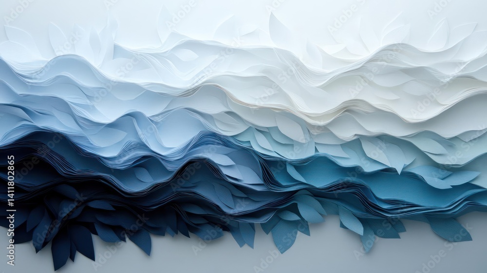 Poster Layers of paper cut into leaf shapes and arranged horizontally to create an undulating effect, with colors ranging from dark blue to white, creating depth and texture in an artistic composition