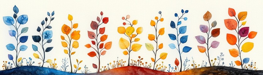 Naklejka premium Vibrant Watercolor Illustration of Autumn Leaves and Plants in Bold Orange, Red, and Yellow Colors