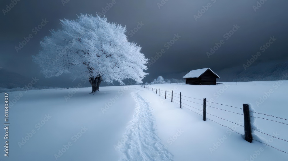 Poster Winter landscape featuring a snow-covered field with a path leading to a small wooden cabin. The scene is dominated by a frosted tree with leafless branches and a fence line stretching across the