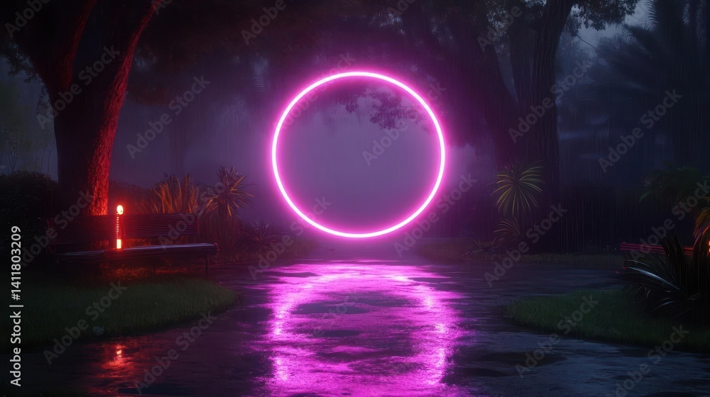 Aufkleber a surreal scene unfolds in a rain-soaked park, where a vibrant neon pink circle hovers above a refle