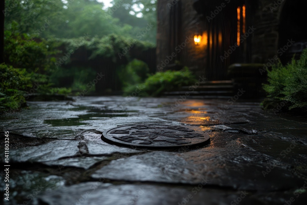Poster A close-up shot of a wet cobblestone pathway with a drain cover. A building is on the background and there are green plants and shrubbery all around. A light glows above the entrance