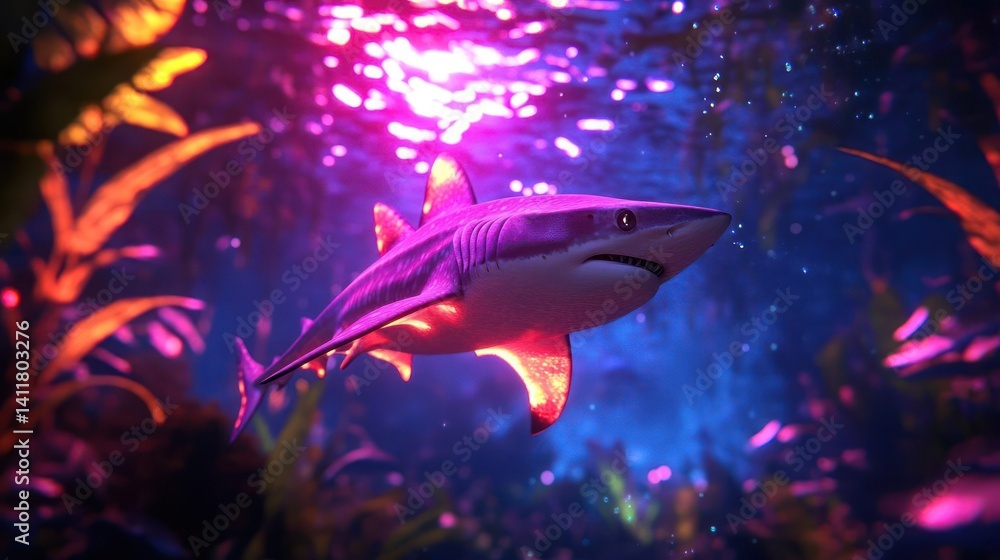 Poster a shark swims through an aquatic environment illuminated by vibrant purple and blue lighting, with b