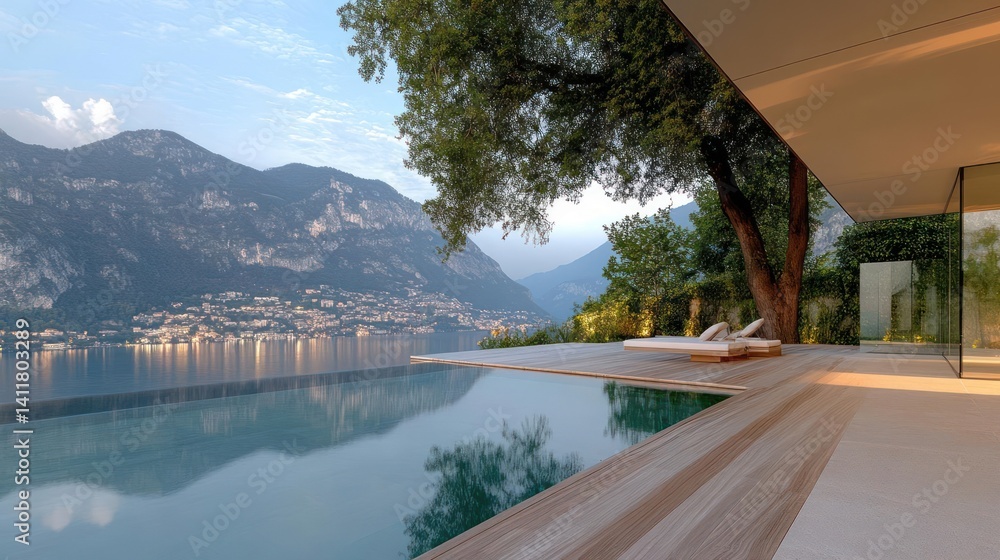 Poster exterior view of a modern house featuring a swimming pool with a view of a lake and mountains during