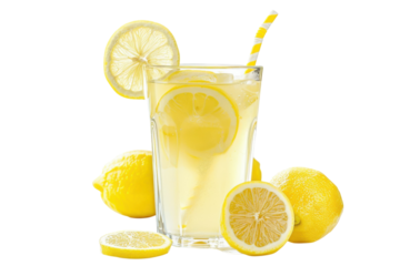 Refreshing homemade lemonade in a clear glass with vibrant lemons and a striped straw on a bright, sunny day isolated on transparent background