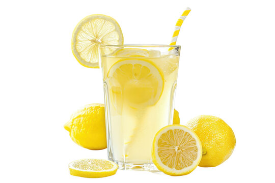 Refreshing homemade lemonade in a clear glass with vibrant lemons and a striped straw on a bright, sunny day isolated on transparent background