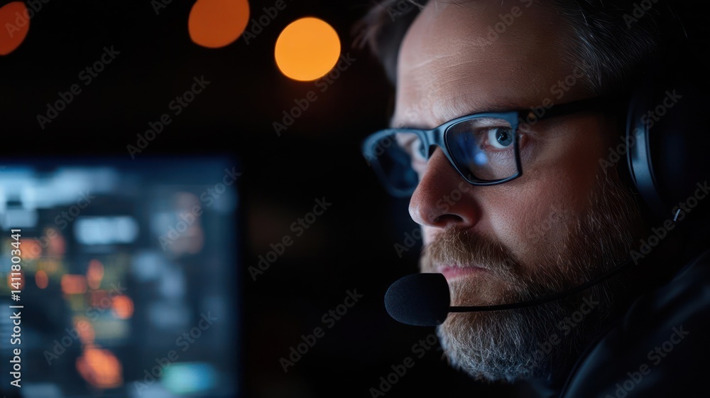 Leinwandbilder a man with glasses and a headset looks intently at a computer screen in a dark room. the screen disp