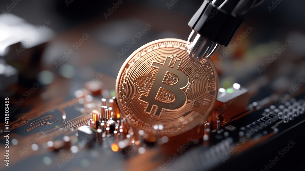 Poster Macro shot of a golden coin on a circuit board. The image focuses on the intricate details of the coin and the technological components of the circuit board, highlighting the digital currency
