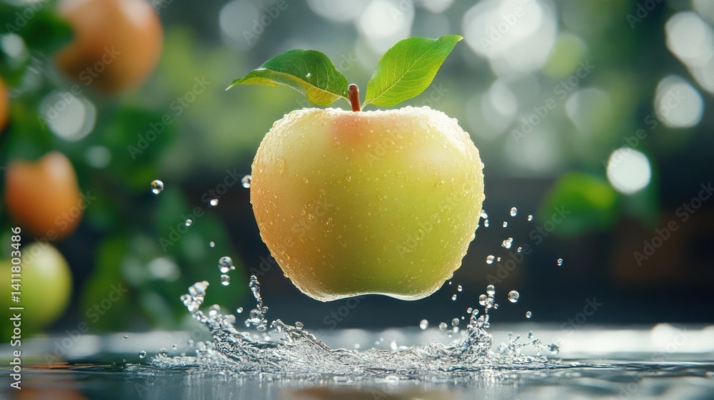 Poster floating apple with water droplets is captured with a blurred background of leaves and sunlight. the