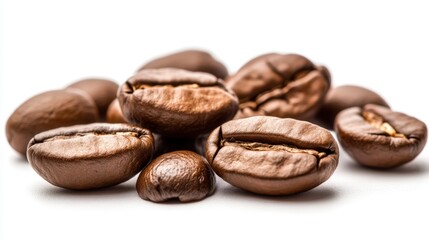 A scattering of rich, dark coffee beans lies on a clean white background, showcasing their glossy surface and unique shapes, inviting coffee lovers to indulge in their aromatic essence.