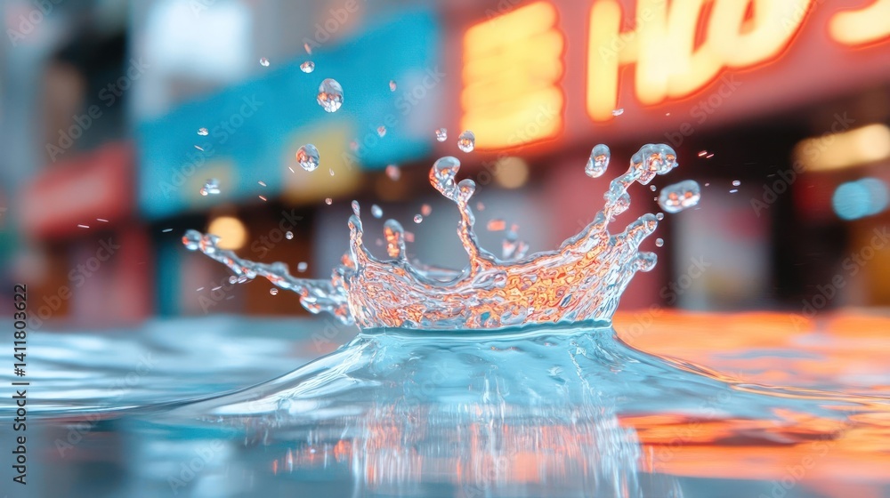 Poster close up of a water droplet impact creating a splash with a crown shape, set against an out-of-focus