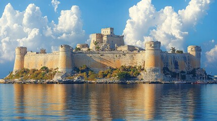 Fototapeta premium Majestic Fortress Reflecting on Calm Waters