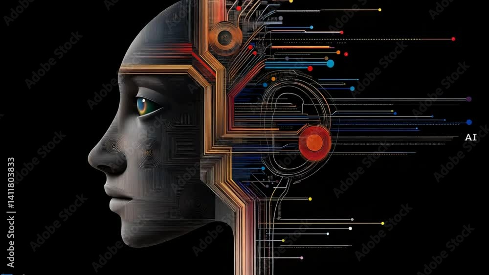 Aufkleber futuristic profile of a digital human with abstract circuitry and ai elements