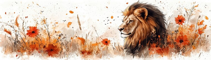 Naklejka premium Majestic Lion Surrounded by Vibrant Wildflowers in a Beautiful Nature Landscape