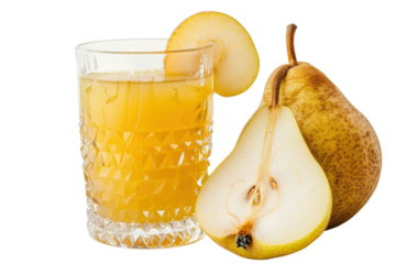 A refreshing glass of pear juice beside a juicy whole pear and a sliced pear, highlighting the fruit's natural sweetness and vibrant color isolated on transparent background